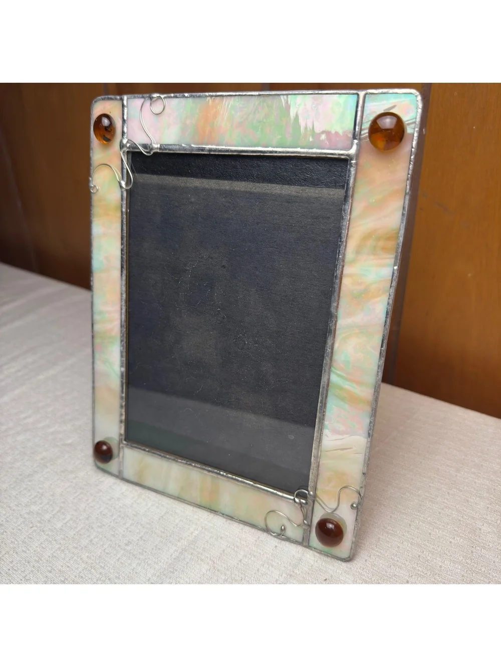 Stained Glass 5x7 Photo Frame Iridescent Art Glass Amber Cabochon Wire Accent